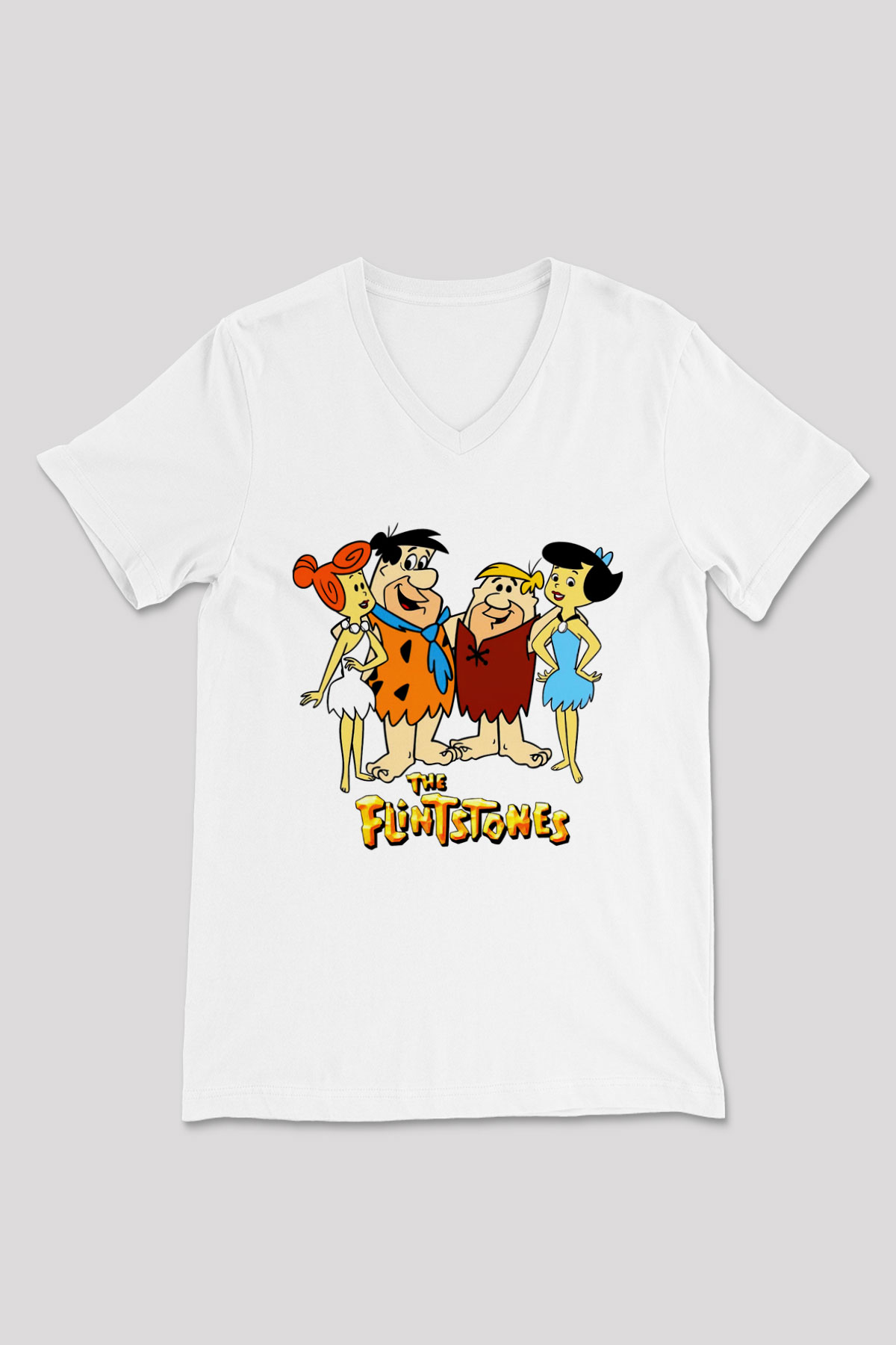 The Flintstones Taş Devri Beyaz Unisex  V Yaka Tişört