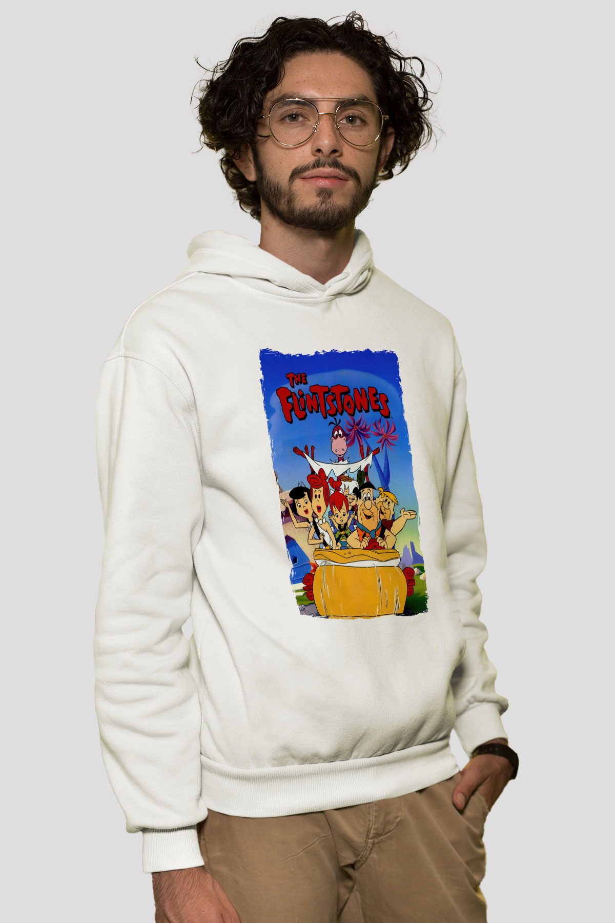 The Flintstones Taş Devri Beyaz Unisex Hoodie