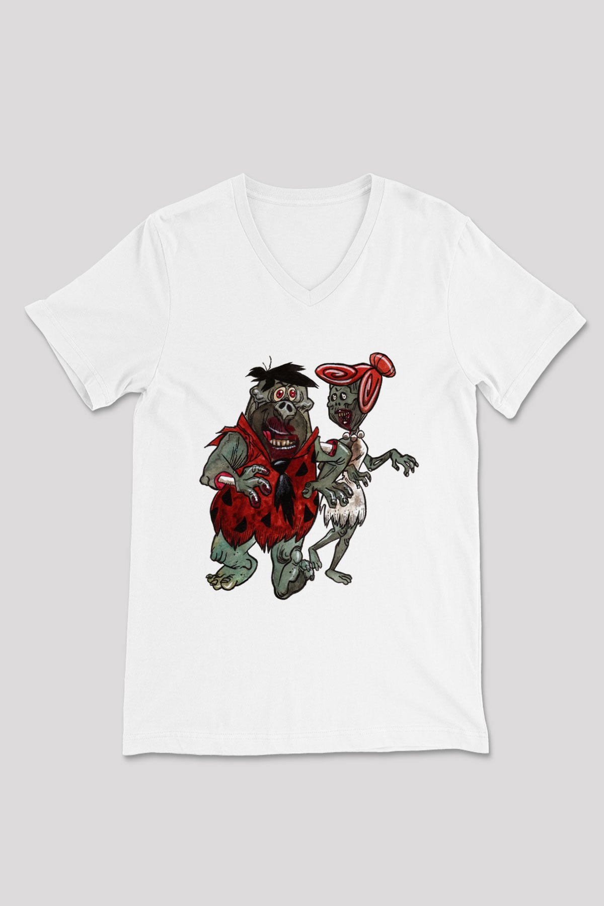 The Flintstones Taş Devri Beyaz Unisex V Yaka Tişört