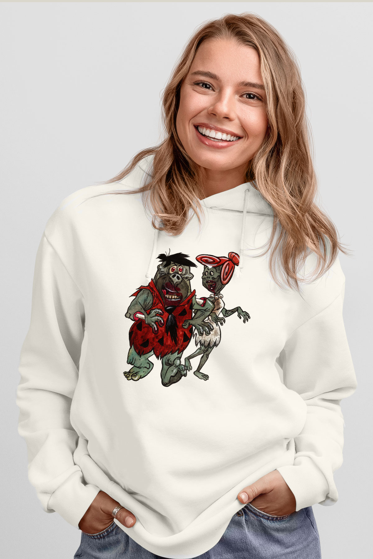 The Flintstones Taş Devri Beyaz Unisex Kapşonlu Sweatshirt