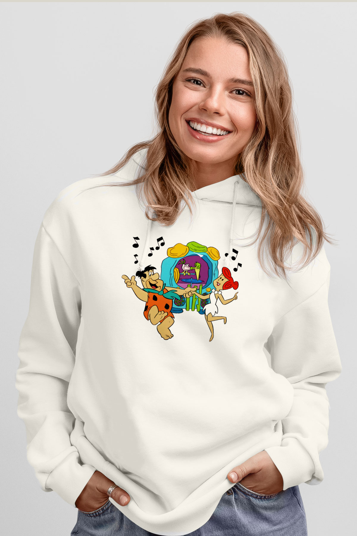 The Flintstones Taş Devri Beyaz Unisex Kapşonlu Sweatshirt