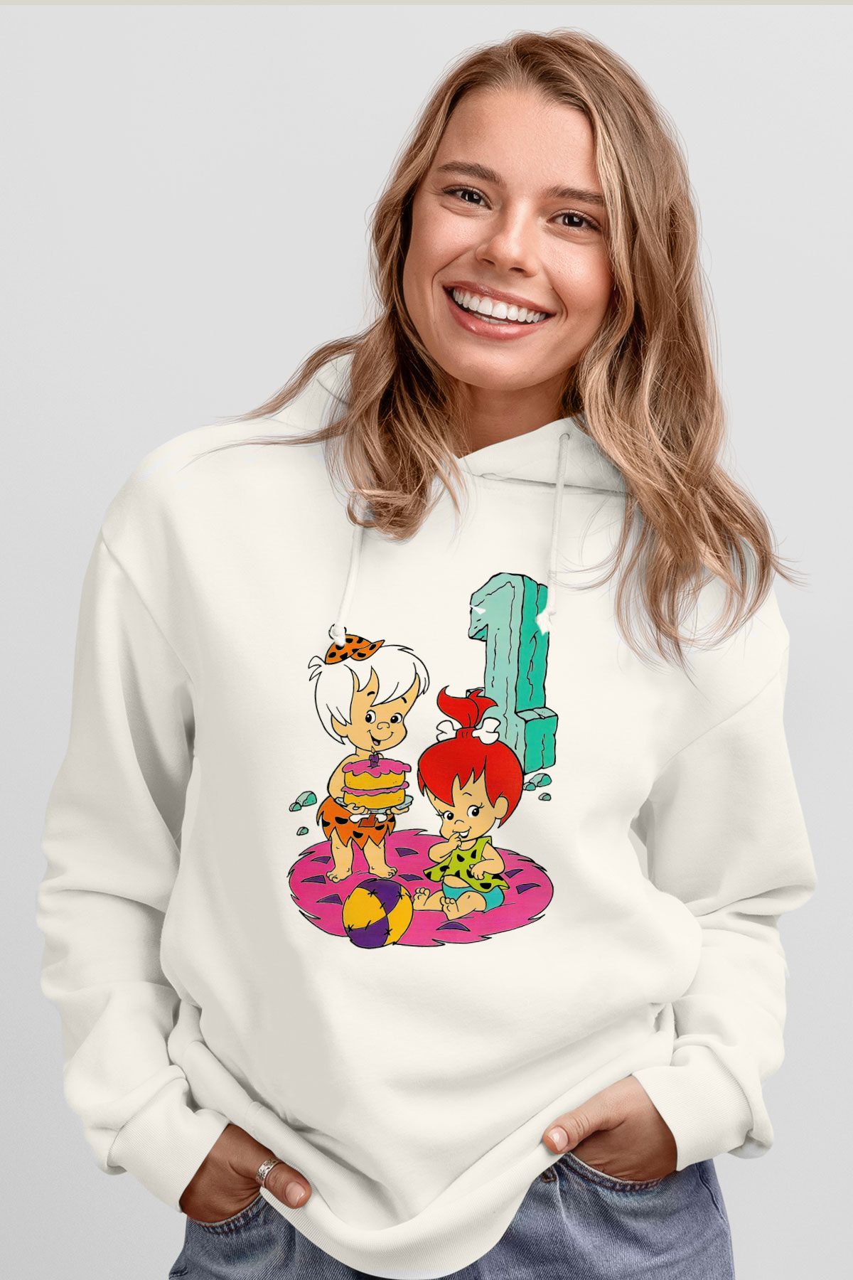 The Flintstones Taş Devri Beyaz Unisex Kapşonlu Sweatshirt