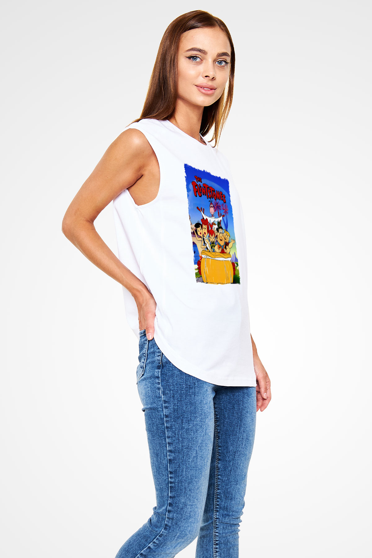 The Flintstones Taş Devri Beyaz Unisex  Kolsuz Tişört