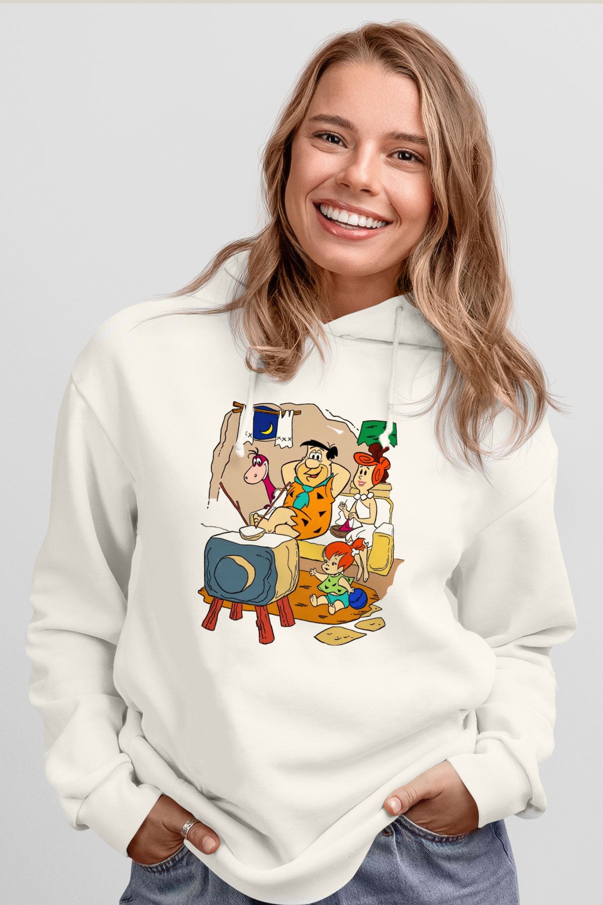 The Flintstones Taş Devri Beyaz Unisex Kapşonlu Sweatshirt