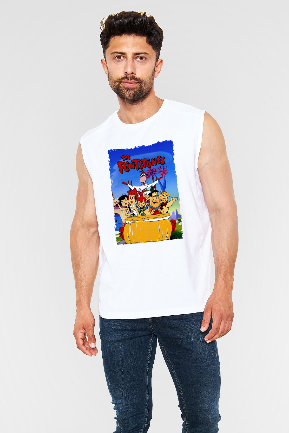 The Flintstones Taş Devri Beyaz Unisex  Kolsuz Tişört
