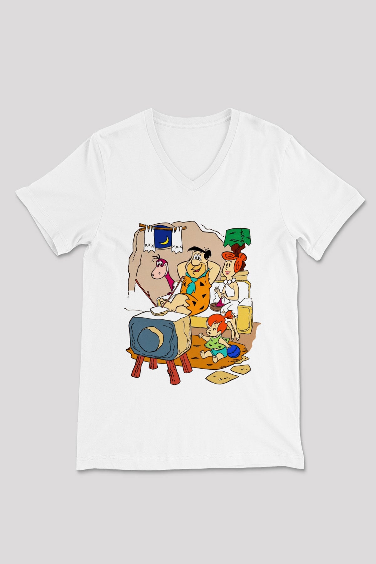 The Flintstones Taş Devri Beyaz Unisex V Yaka Tişört