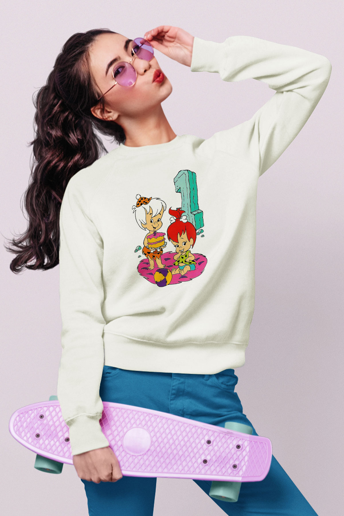 The Flintstones Taş Devri Beyaz Unisex Sweatshirt