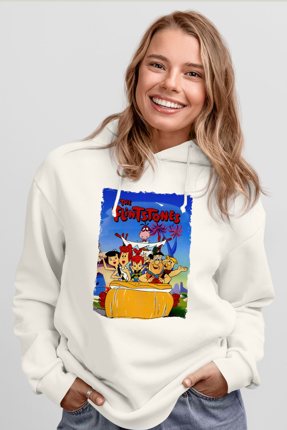 The Flintstones Taş Devri Beyaz Unisex Hoodie