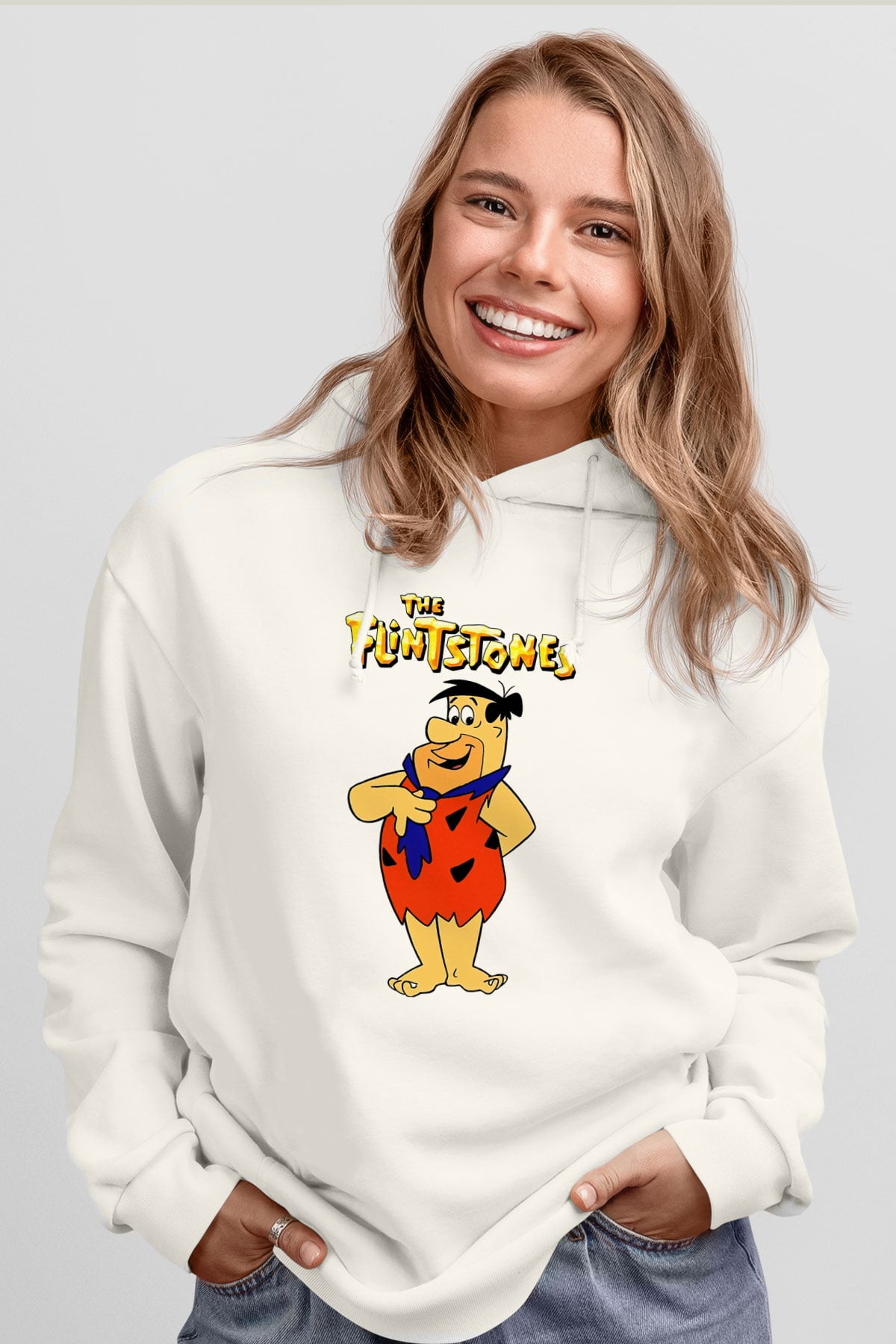The Flintstones Taş Devri Beyaz Unisex Hoodie