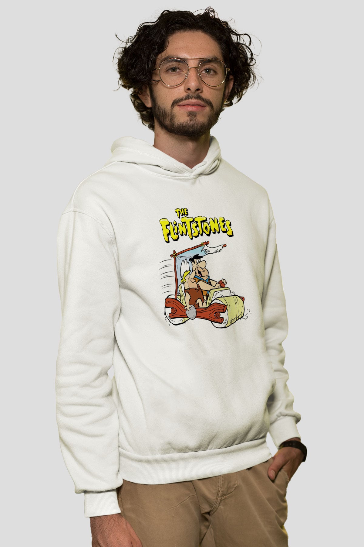 The Flintstones Taş Devri Beyaz Unisex Kapşonlu Sweatshirt