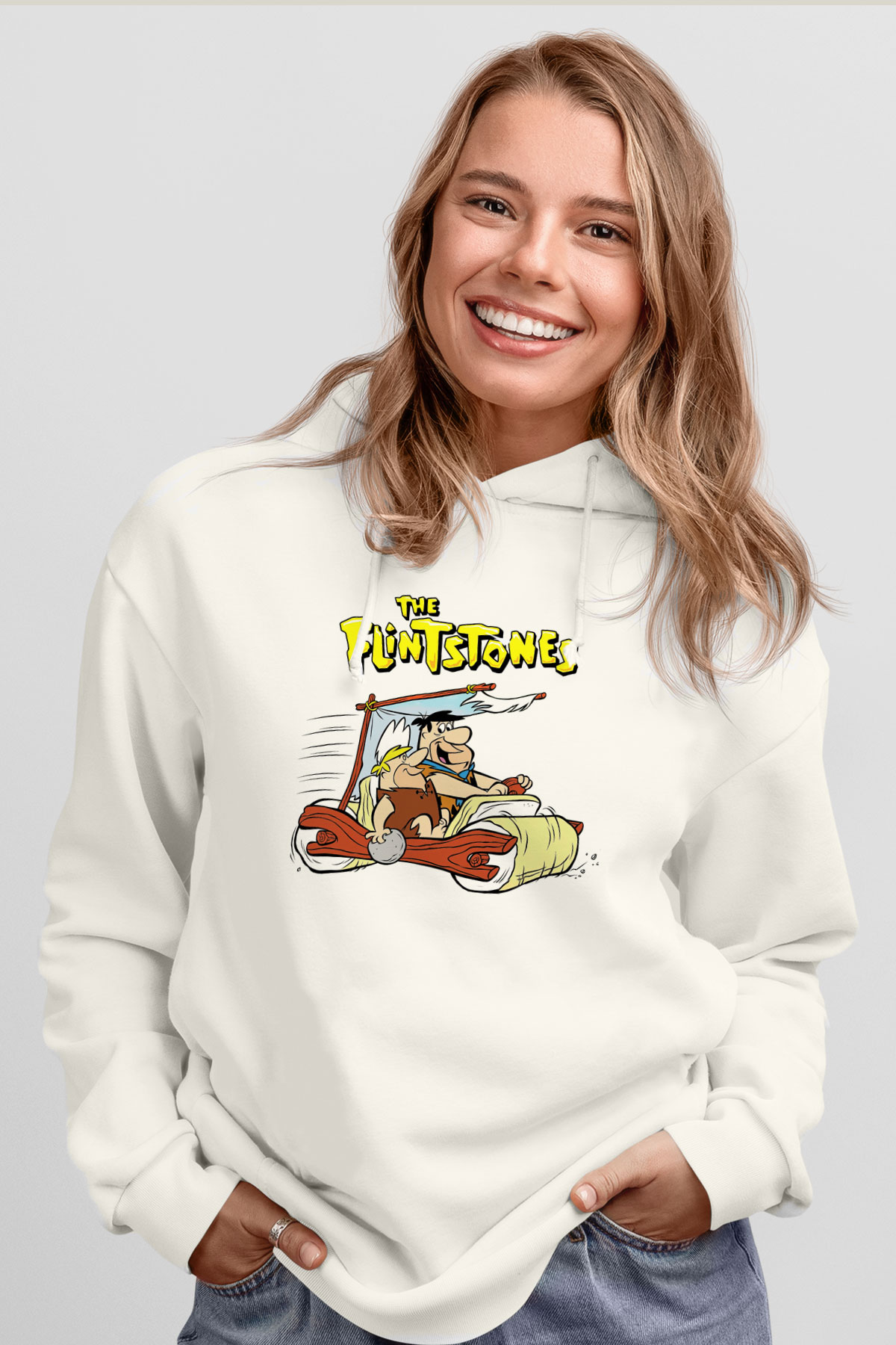 The Flintstones Taş Devri Beyaz Unisex Kapşonlu Sweatshirt