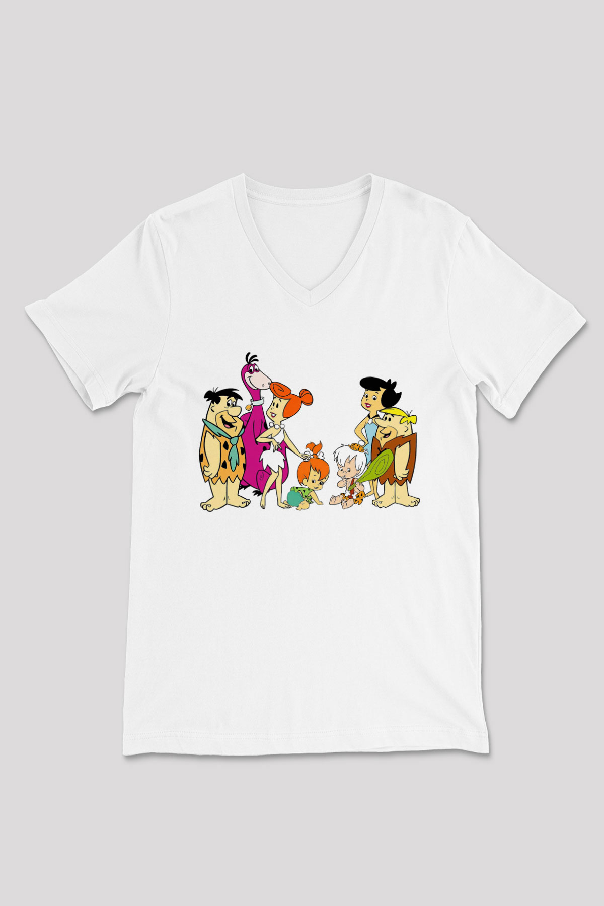 The Flintstones Taş Devri Beyaz Unisex V Yaka Tişört