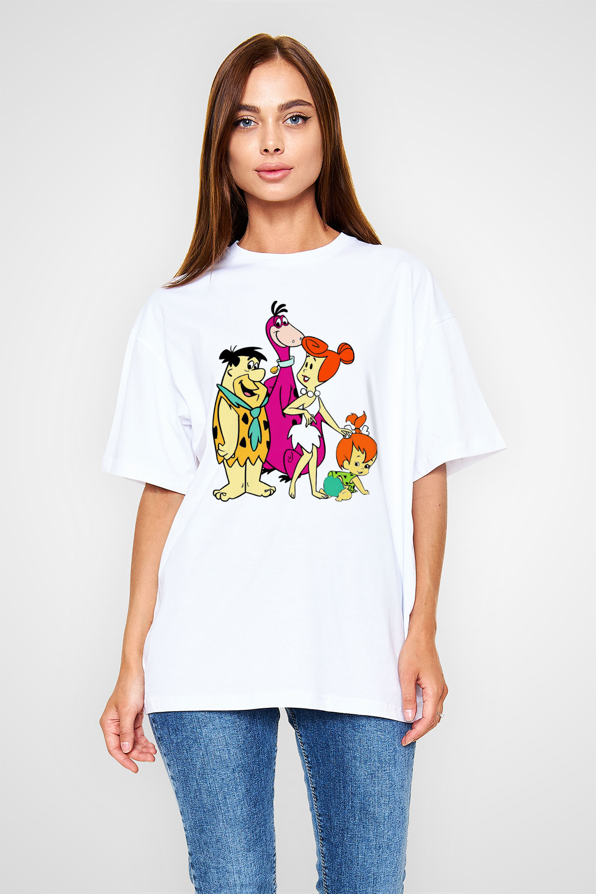 The Flintstones Taş Devri Beyaz Unisex Oversize Tişört