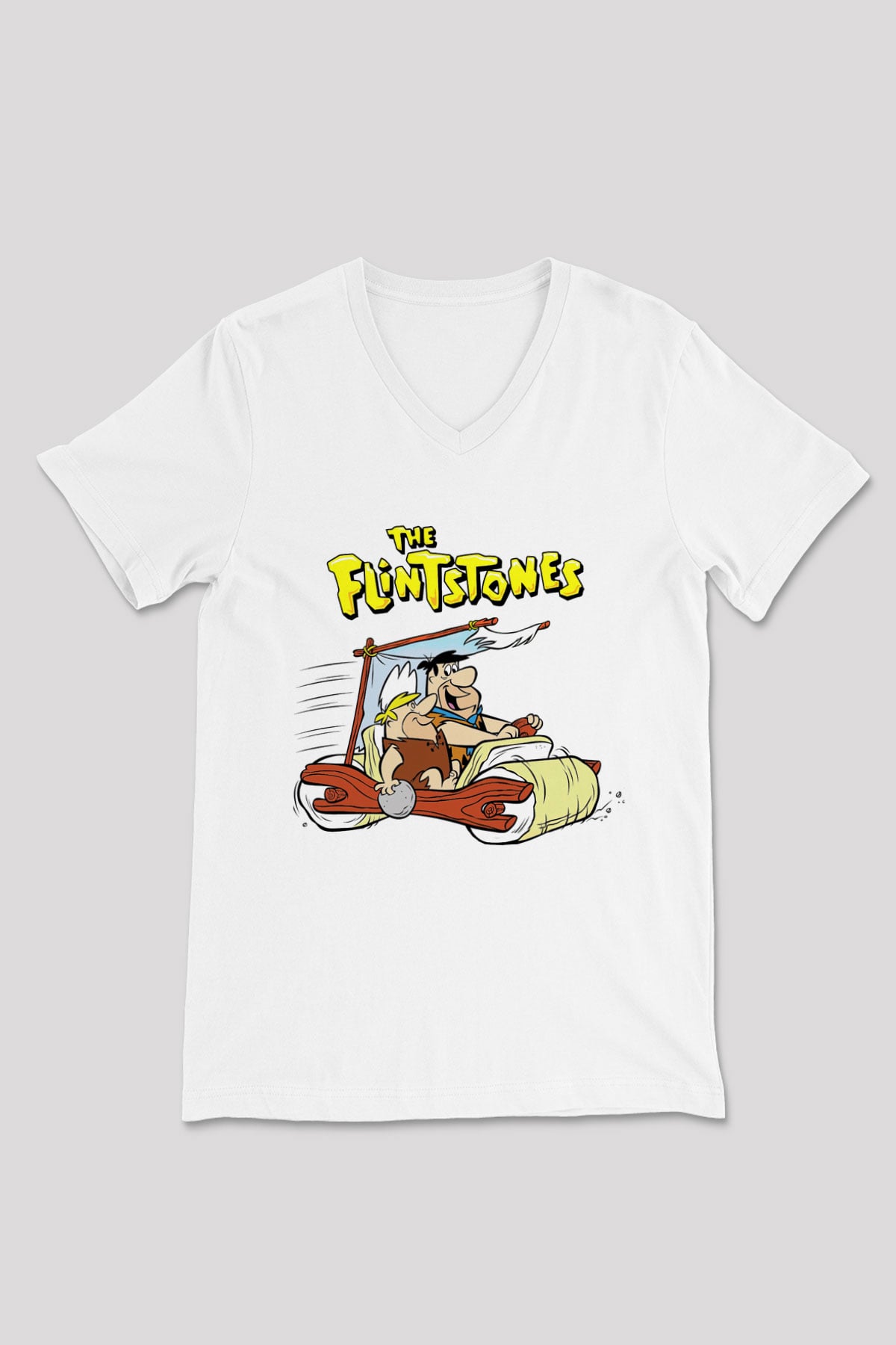 The Flintstones Taş Devri Beyaz Unisex V Yaka Tişört