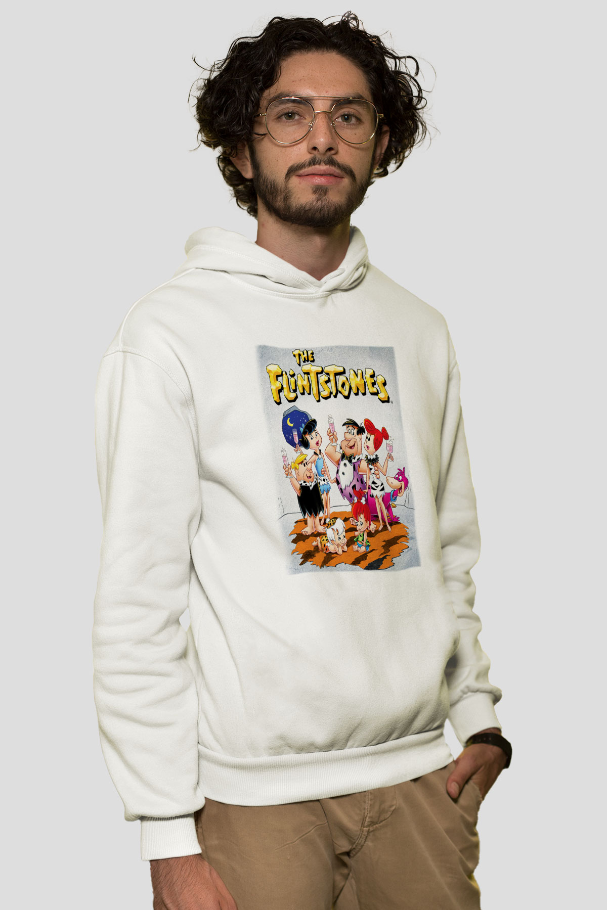 The Flintstones Taş Devri Beyaz Unisex Kapşonlu Sweatshirt