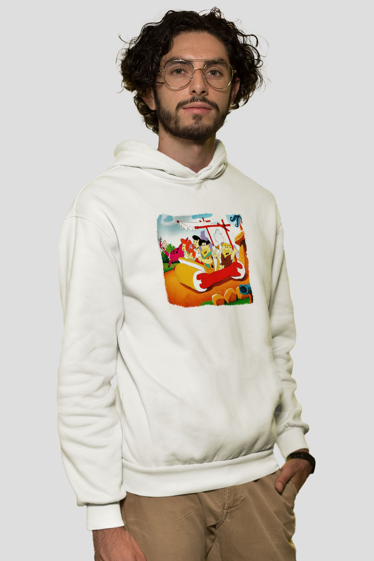 The Flintstones Taş Devri Beyaz Unisex Kapşonlu Sweatshirt