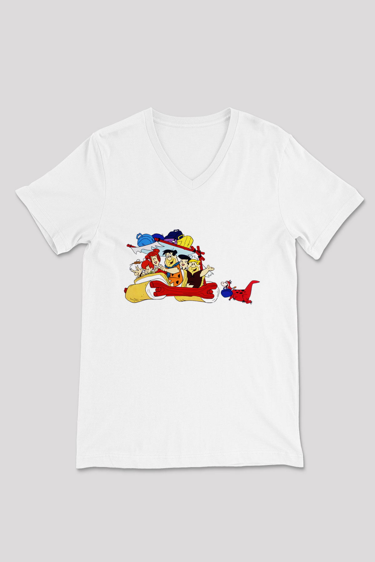 The Flintstones Taş Devri Beyaz Unisex V Yaka Tişört