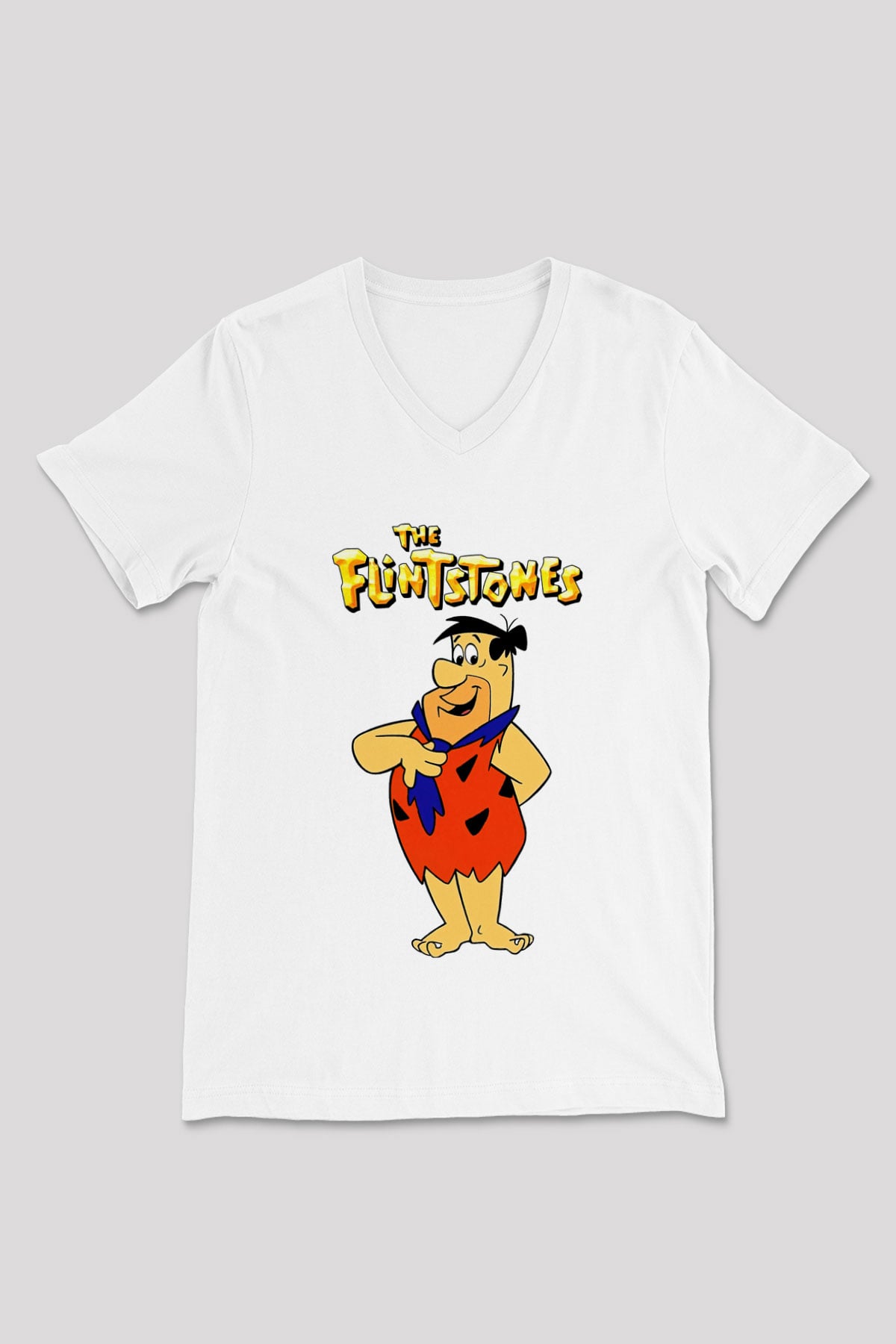 The Flintstones Taş Devri Beyaz Unisex  V Yaka Tişört
