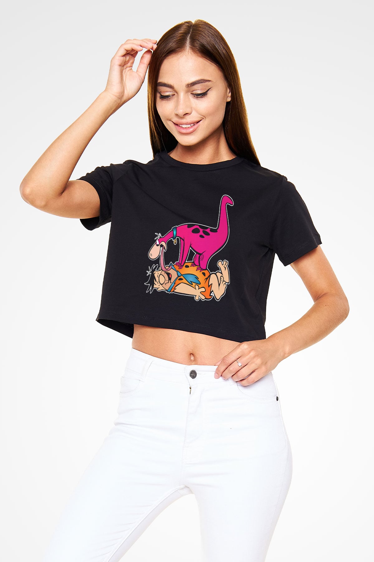 The Flintstones Taş Devri Siyah Crop Top Tişört