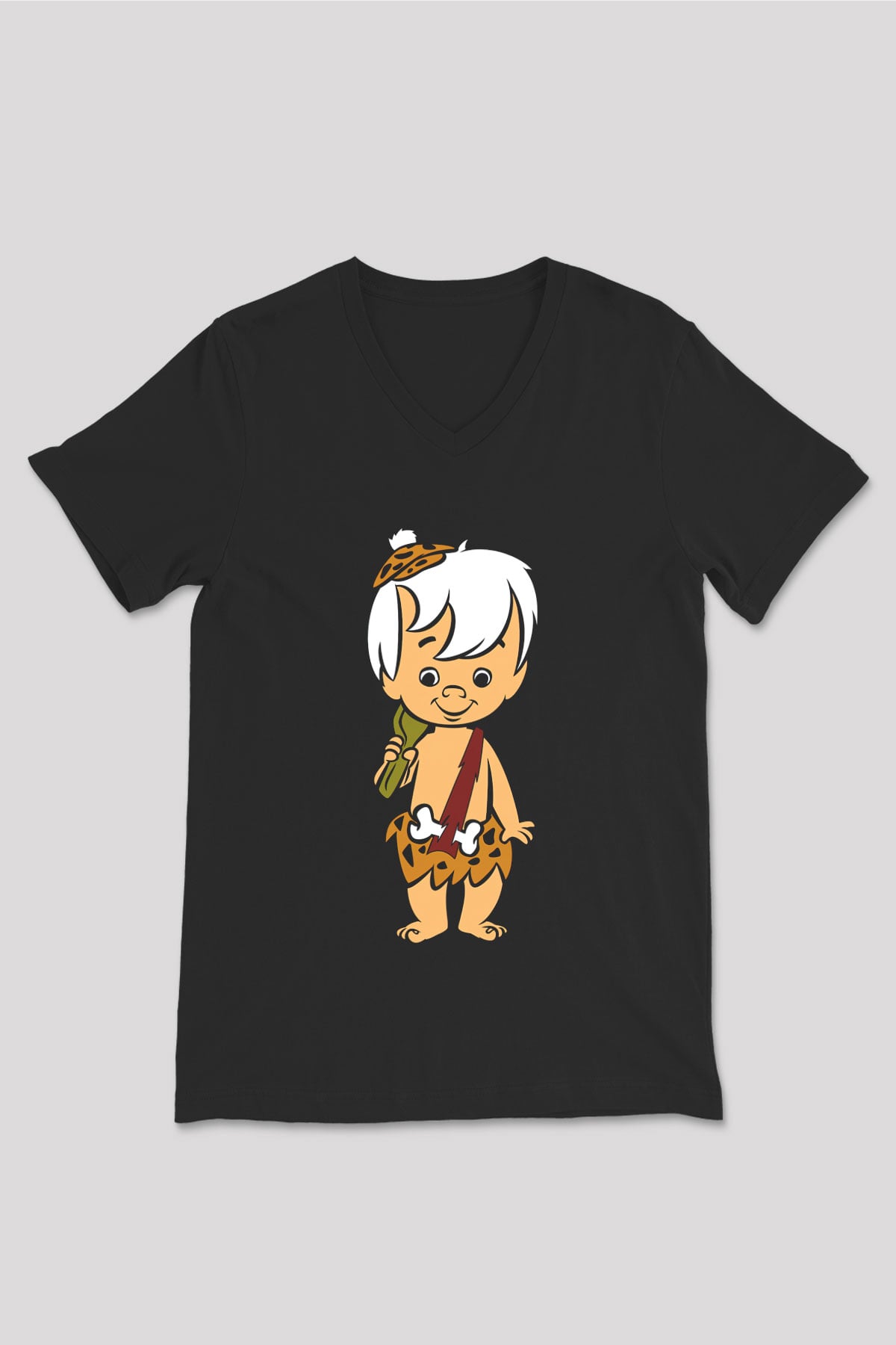 The Flintstones Taş Devri Siyah Unisex V Yaka Tişört