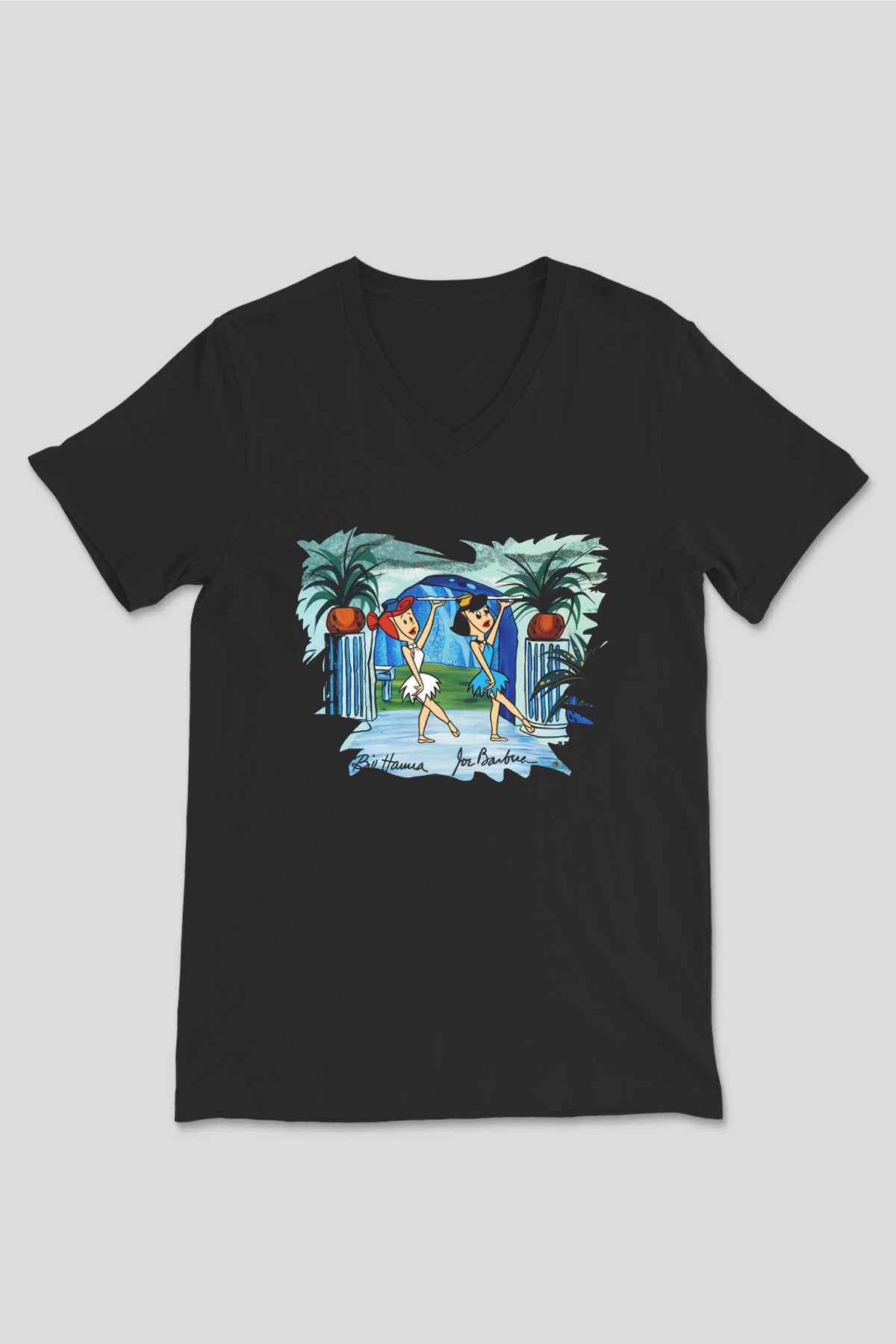 The Flintstones Taş Devri Siyah Unisex V Yaka Tişört