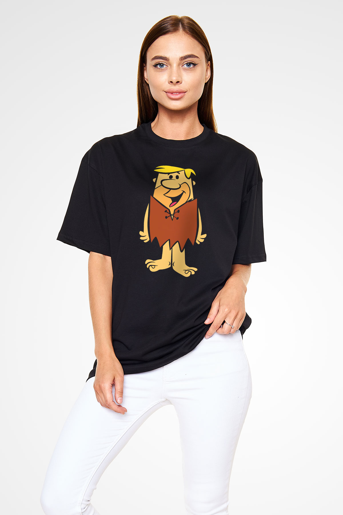 The Flintstones Taş Devri Siyah Unisex Oversize Tişört
