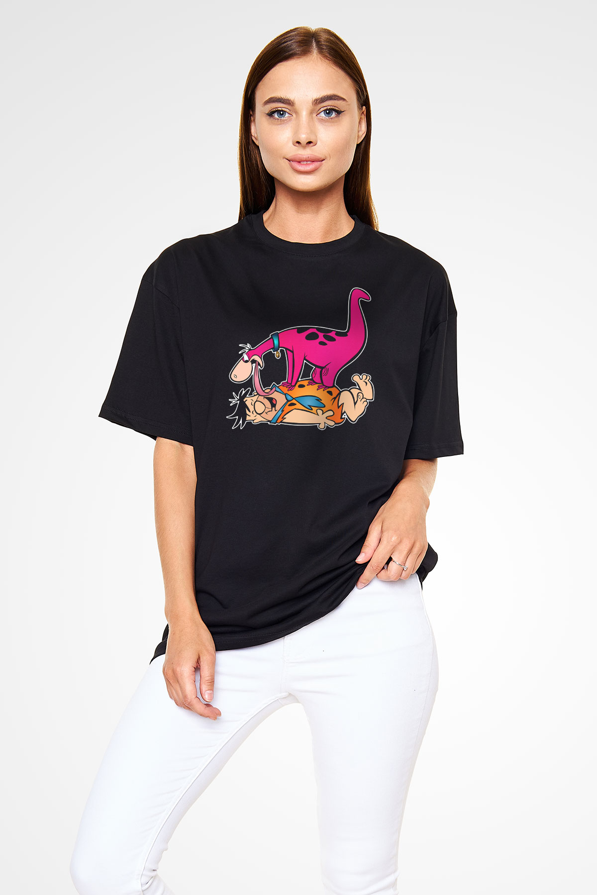 The Flintstones Taş Devri Siyah Unisex Oversize Tişört