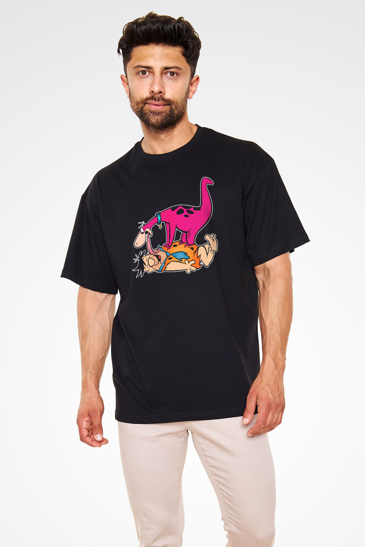 The Flintstones Taş Devri Siyah Unisex Oversize Tişört