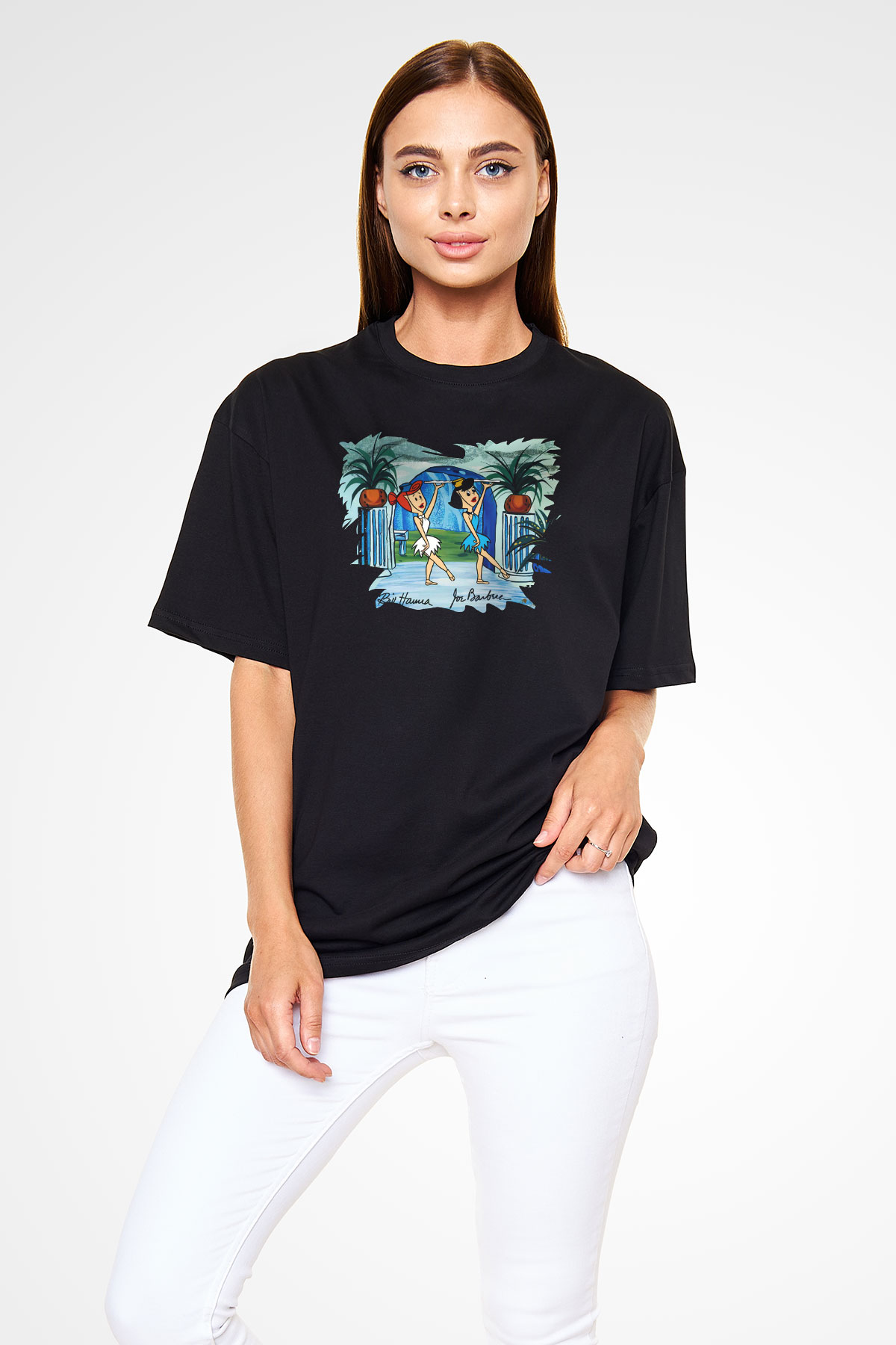 The Flintstones Taş Devri Siyah Unisex Oversize Tişört