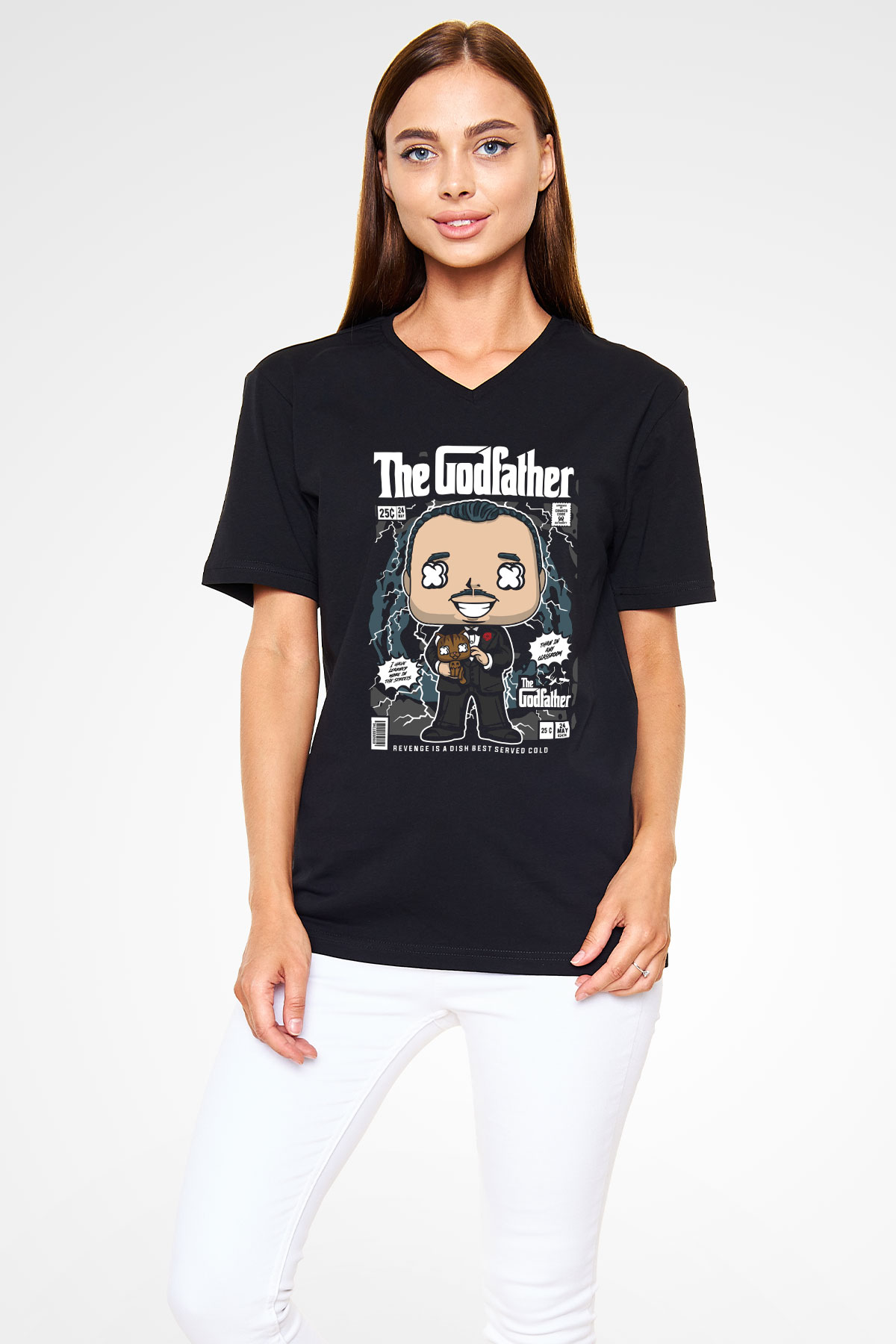 The Godfather Baskılı Unisex Siyah V Yaka Tişört