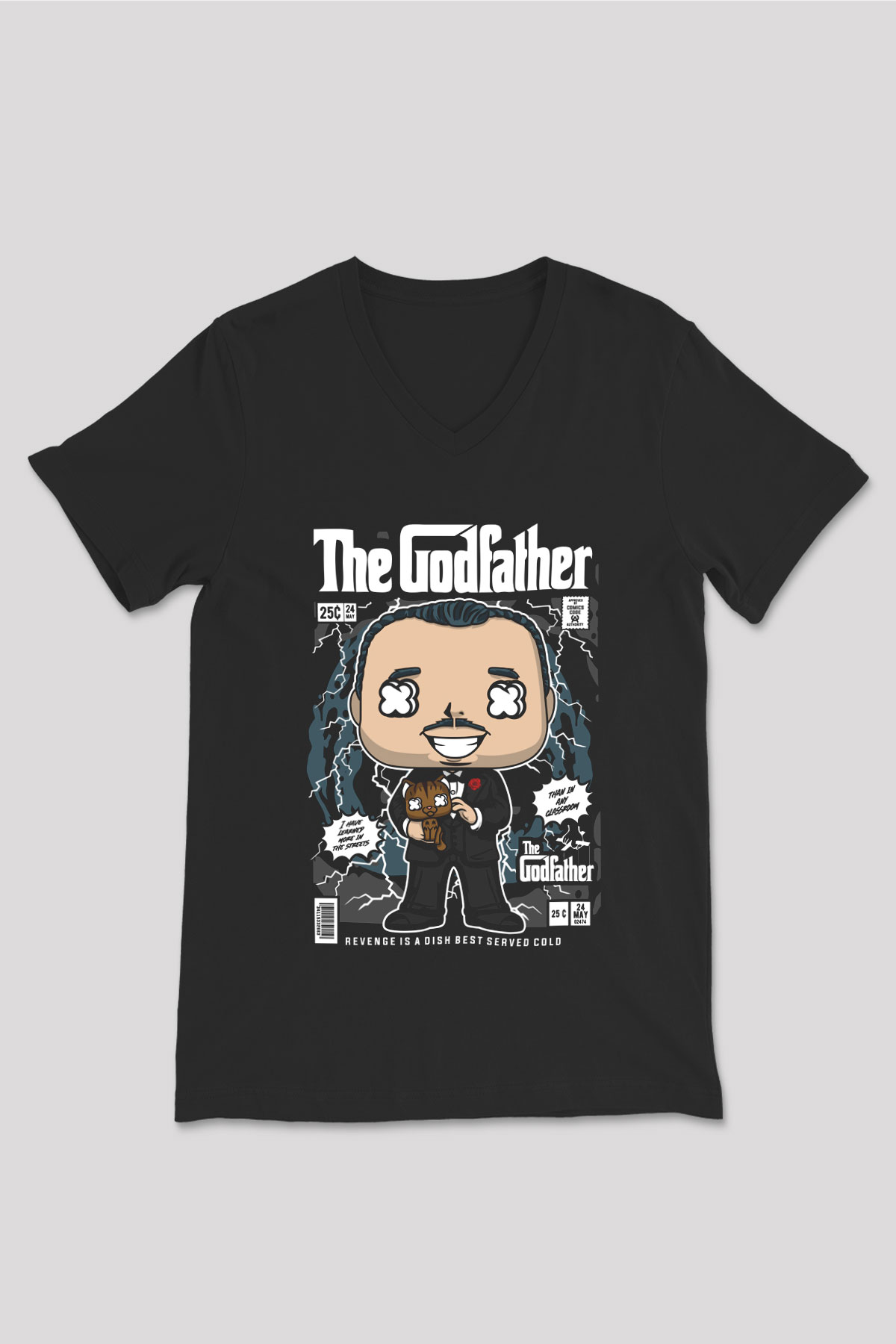 The Godfather Baskılı Unisex Siyah V Yaka Tişört