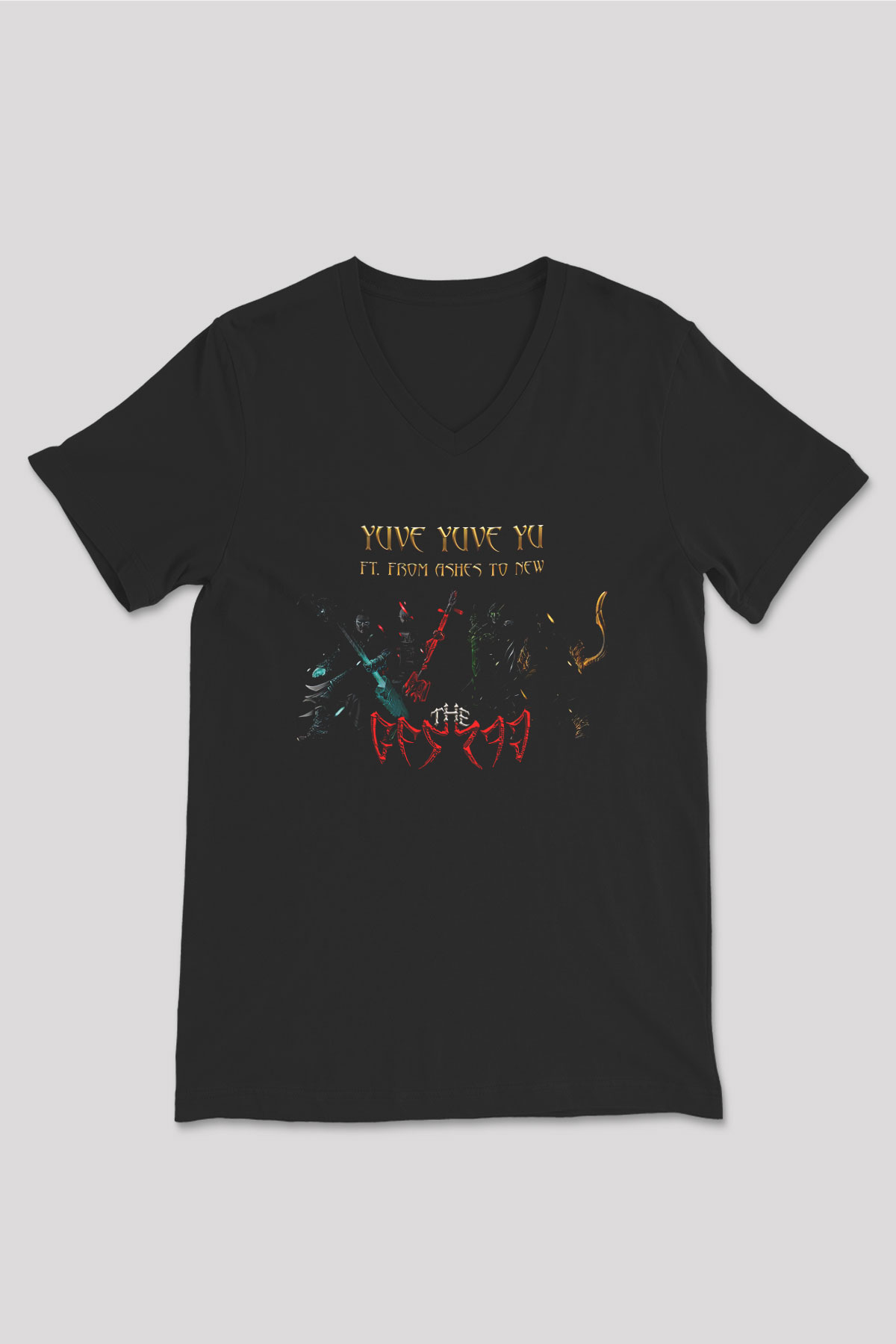 The Hu Baskılı Unisex Siyah V Yaka Tişört - Tshirt
