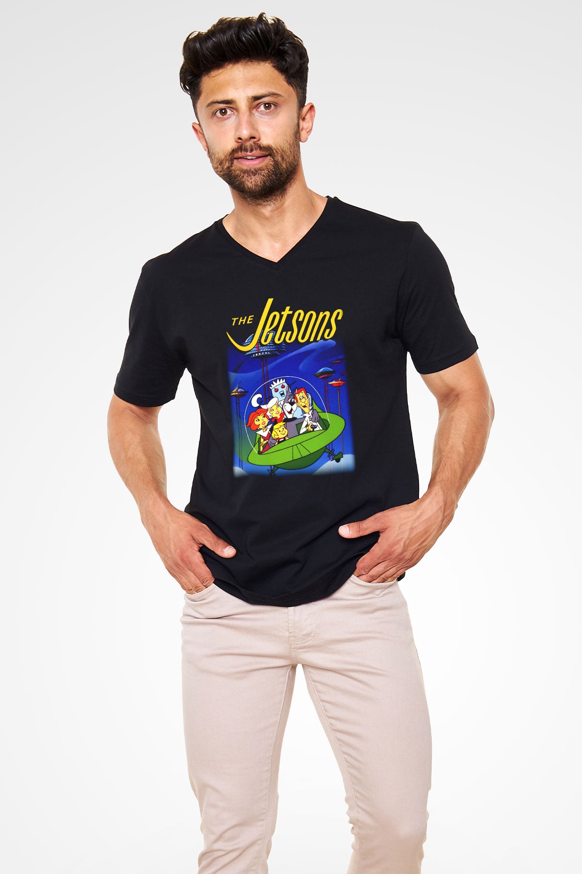 The Jetsons Jetsonlar Siyah Unisex V Yaka Tişört