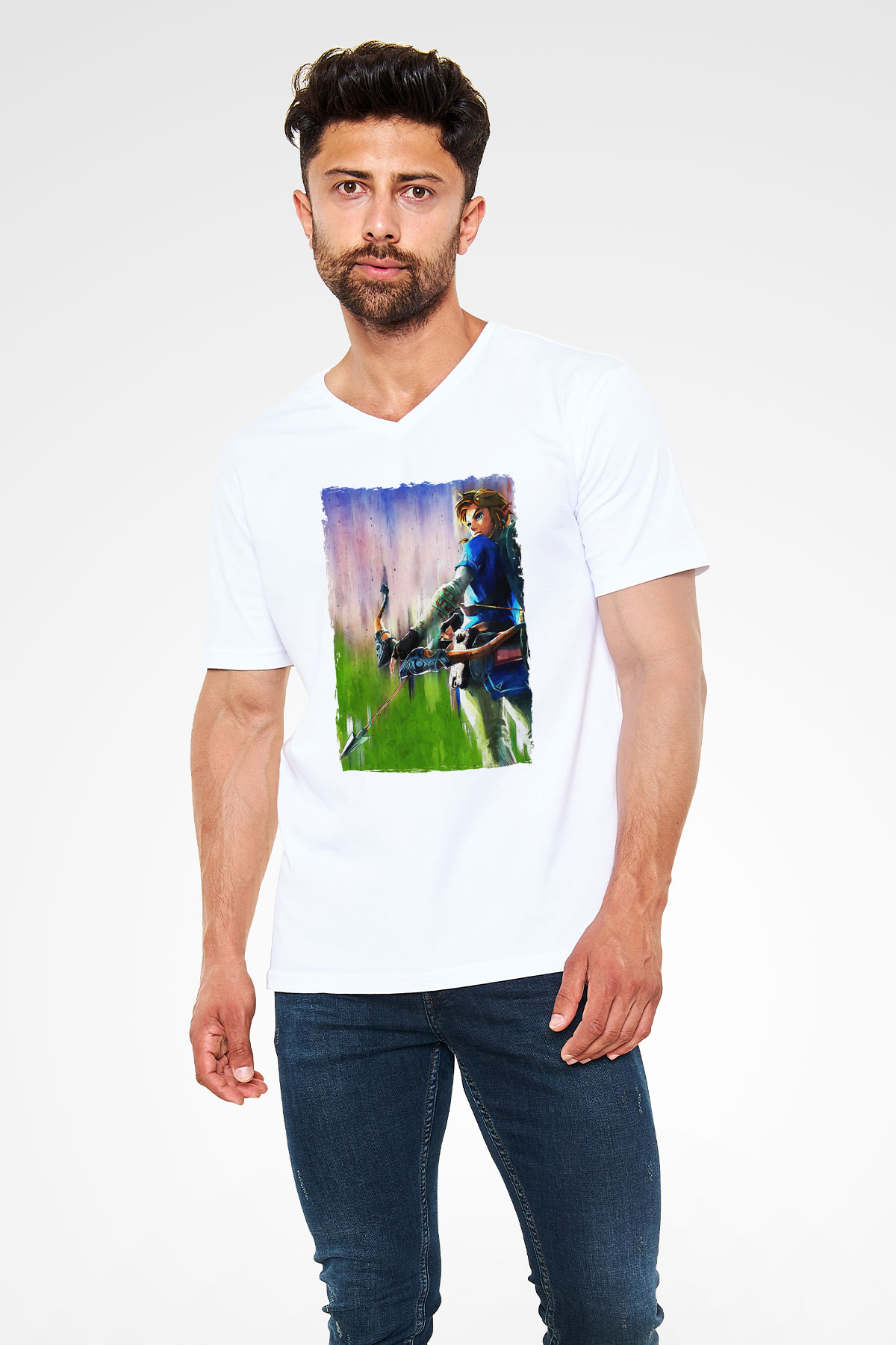 The Legend of Zelda Beyaz Unisex  V Yaka Tişört