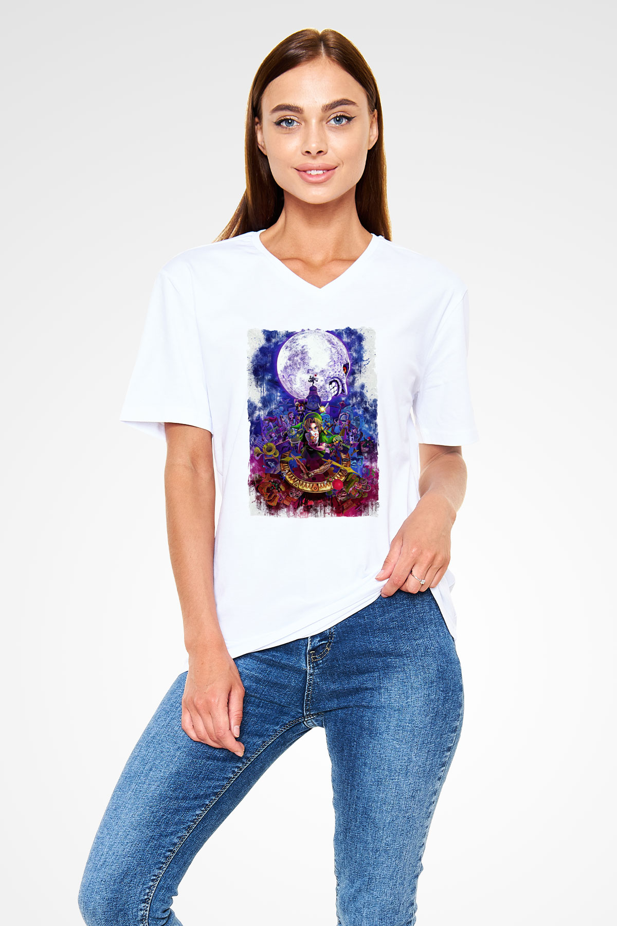 The Legend of Zelda Beyaz Unisex  V Yaka Tişört