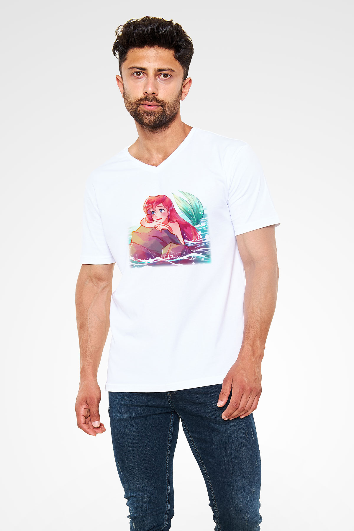 The Little Mermaid Beyaz Unisex V Yaka Tişört T-Shirt