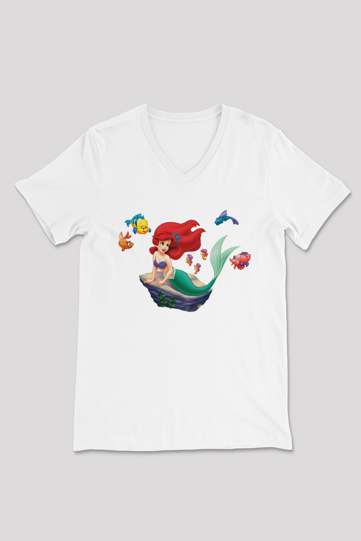 The Little Mermaid Beyaz Unisex V Yaka Tişört T-Shirt