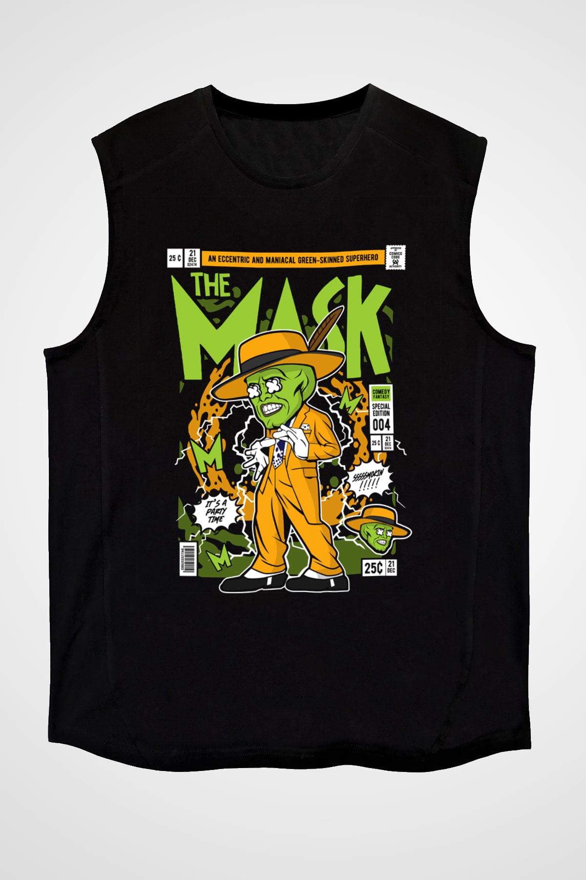 The Mask Yeşil Maske Baskılı Unisex Siyah Kolsuz Tişört