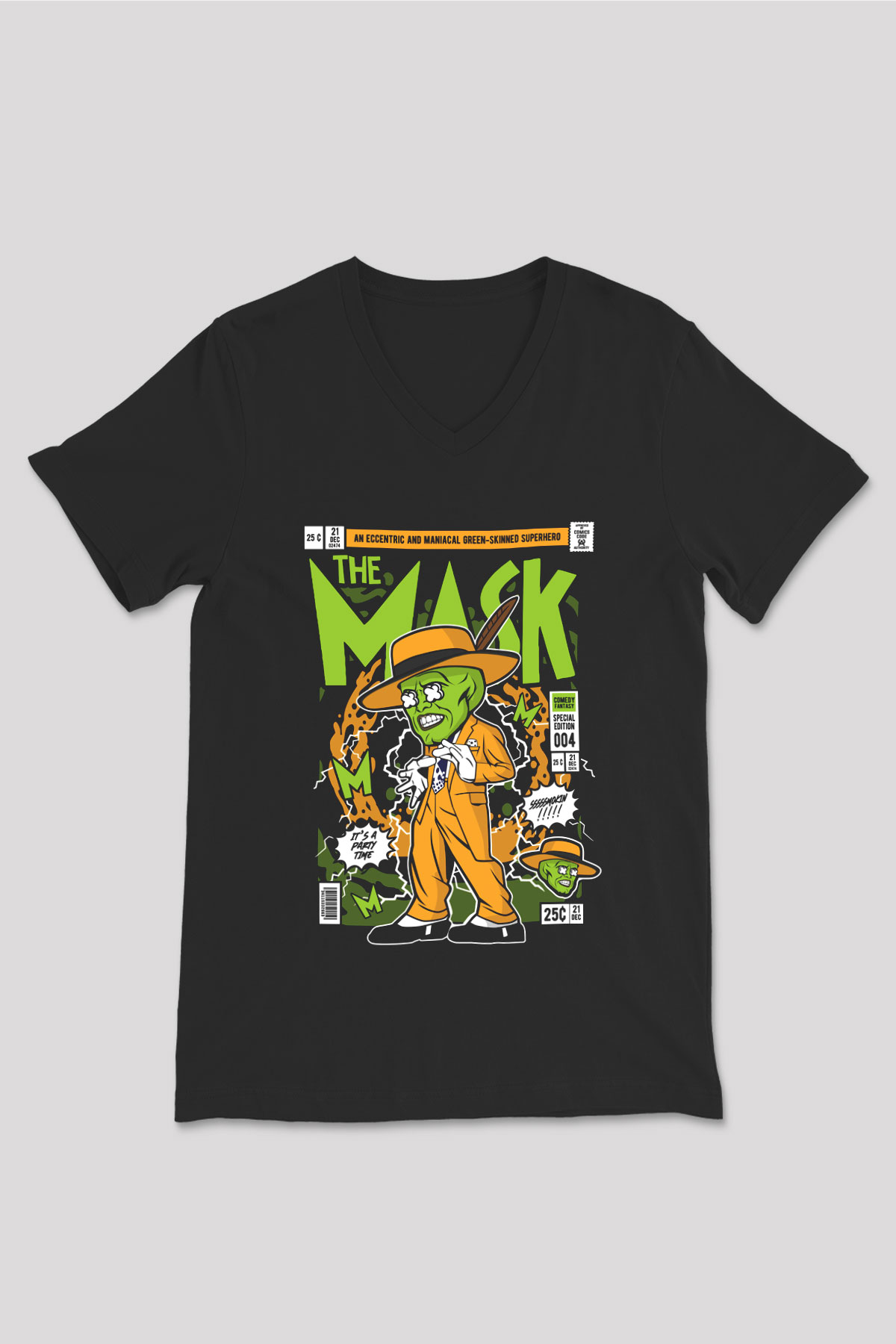 The Mask Yeşil Maske Baskılı Unisex Siyah V Yaka Tişört