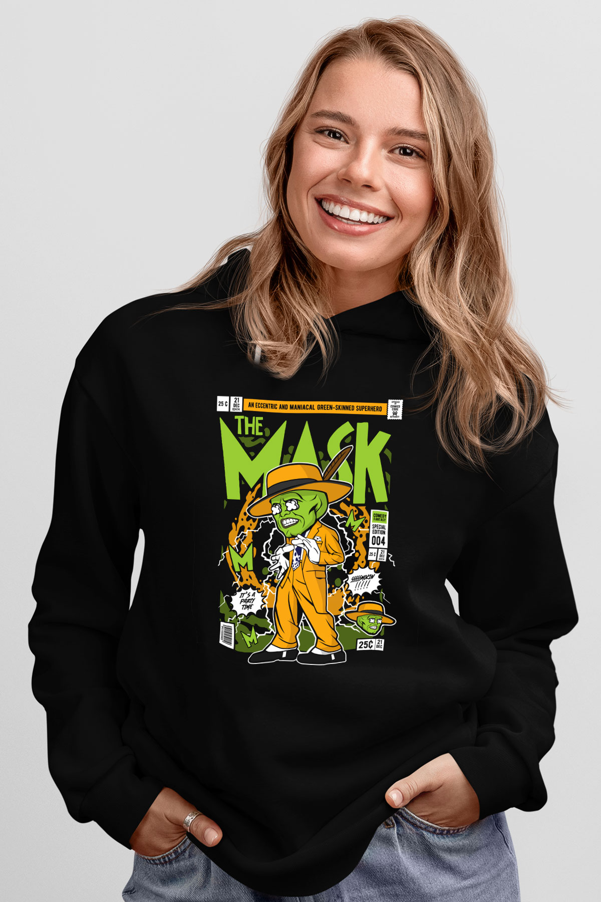 The Mask Yeşil Maske Baskılı Unisex Siyah Hoodie