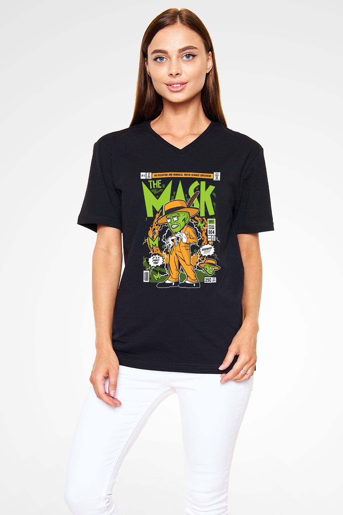 The Mask Yeşil Maske Baskılı Unisex Siyah V Yaka Tişört