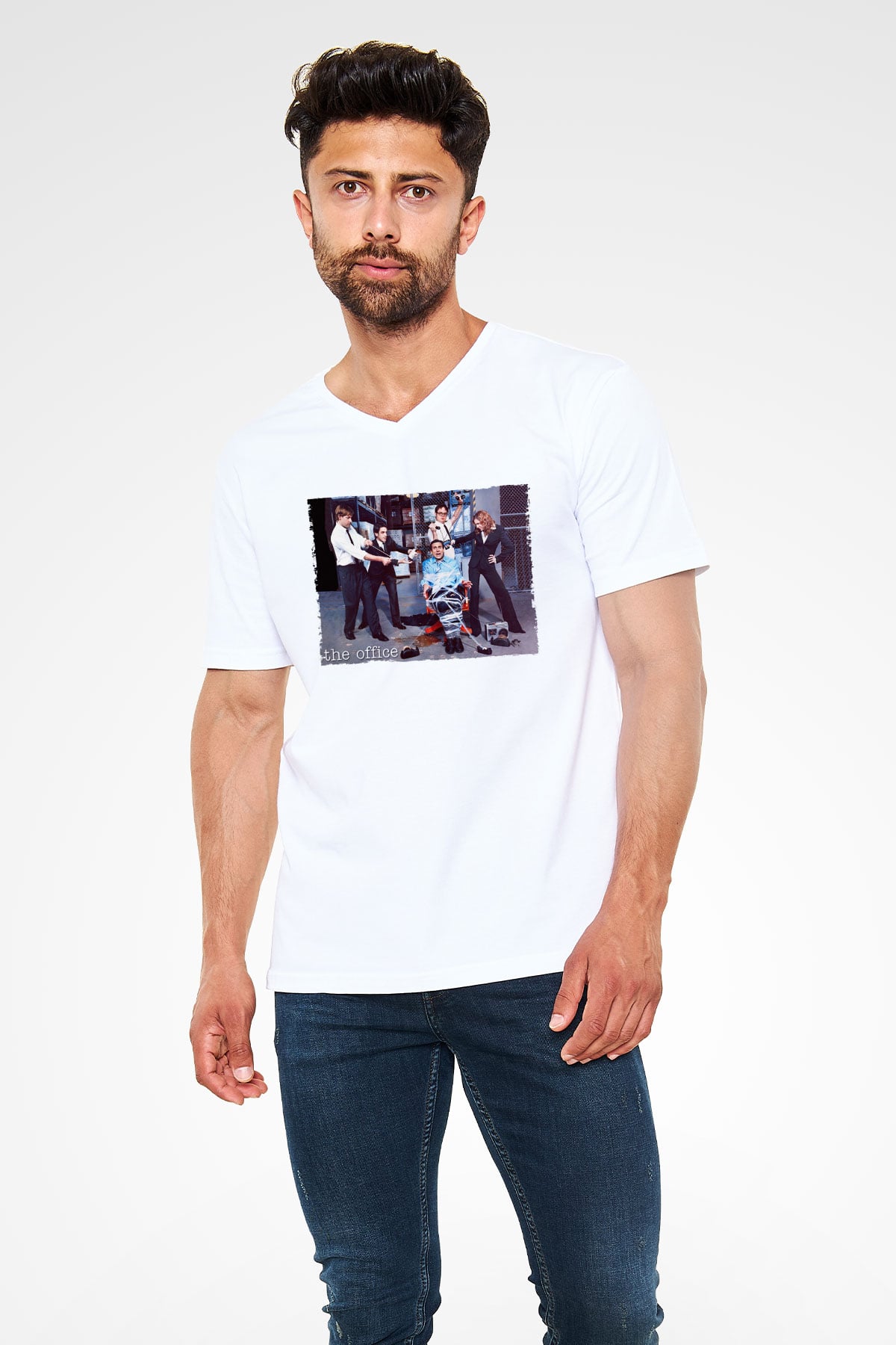 The Office Baskılı Beyaz Unisex V Yaka Tshirt