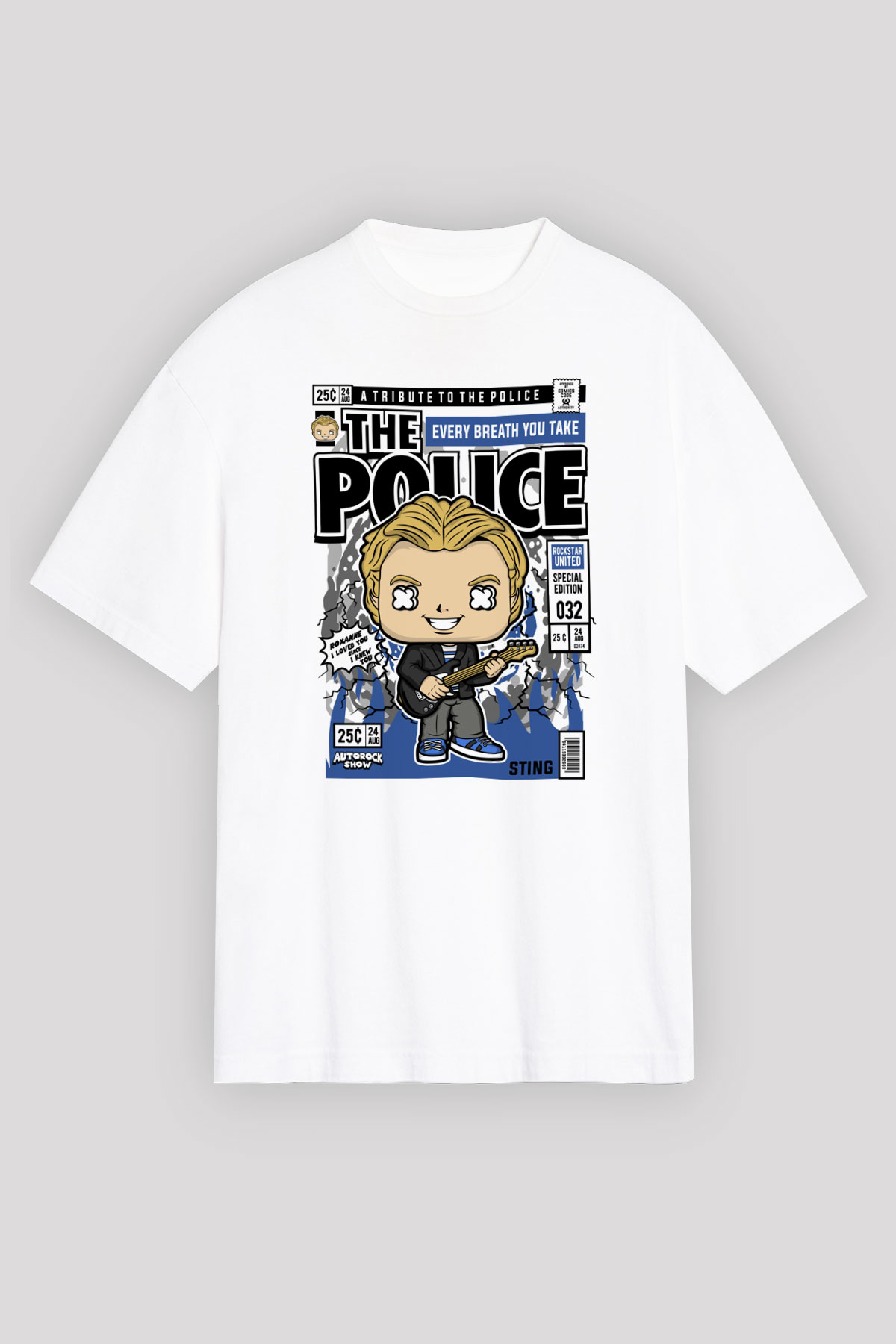 The Police Sting Baskılı Unisex Beyaz Oversize Tişört