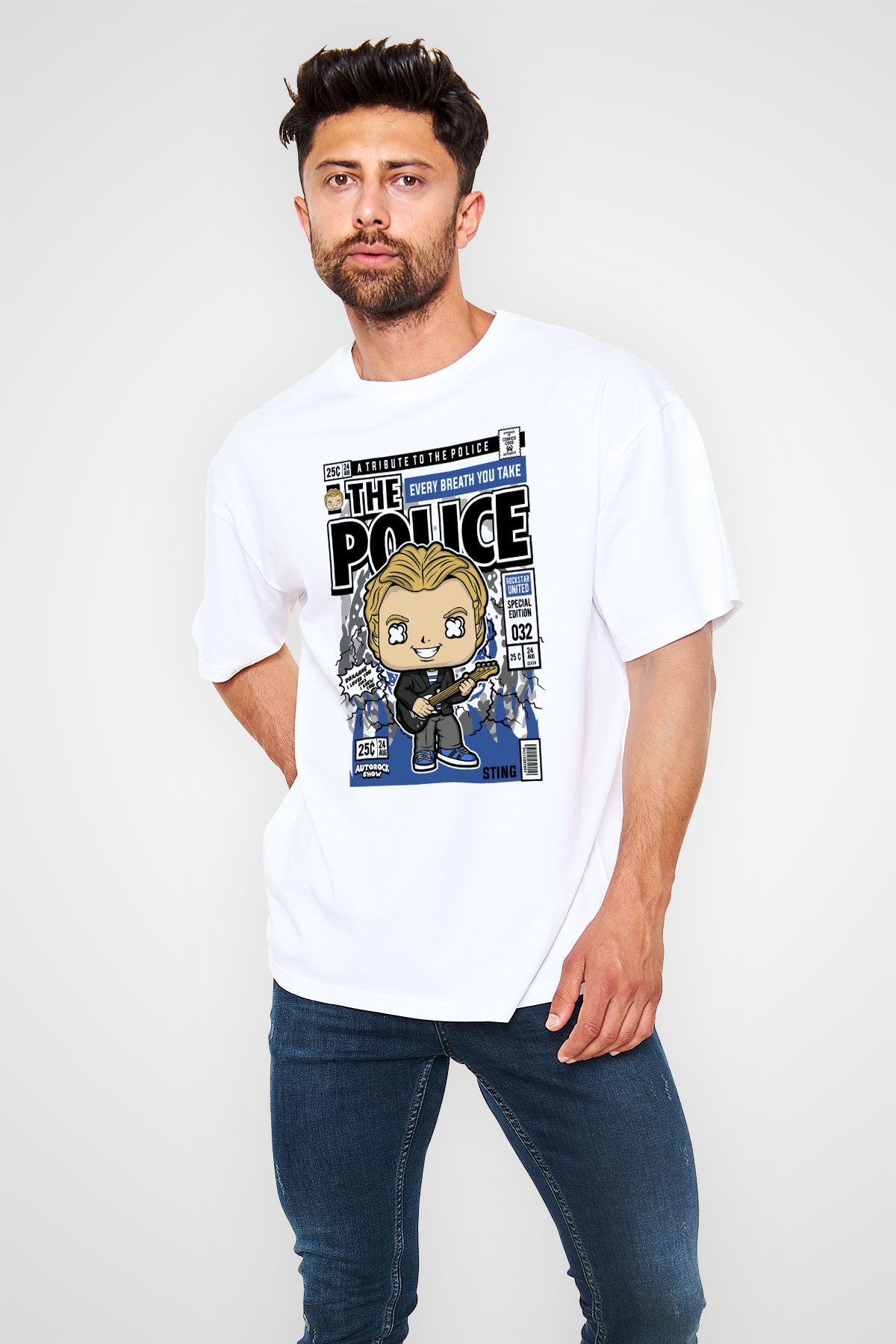 The Police Sting Baskılı Unisex Beyaz Oversize Tişört