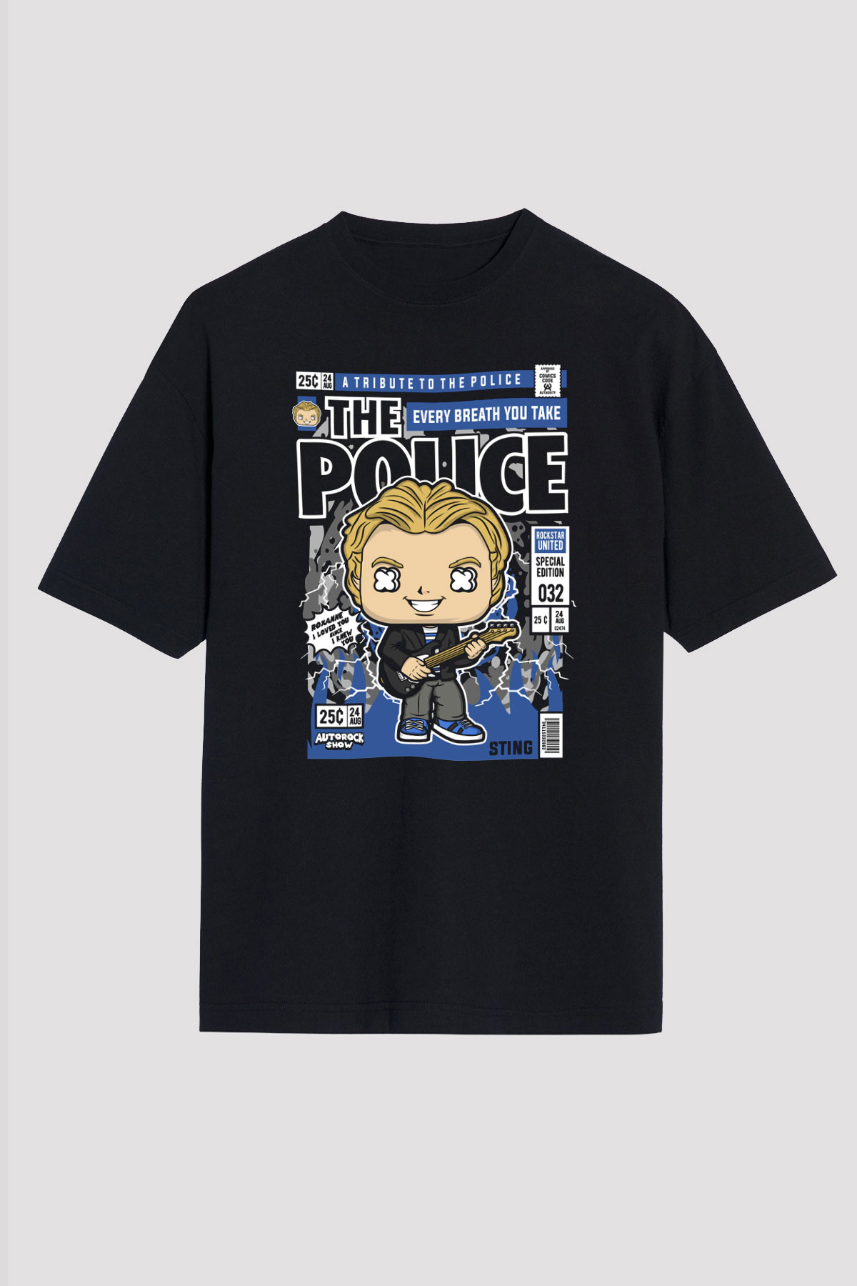 The Police Sting Baskılı Unisex Siyah Oversize Tişört