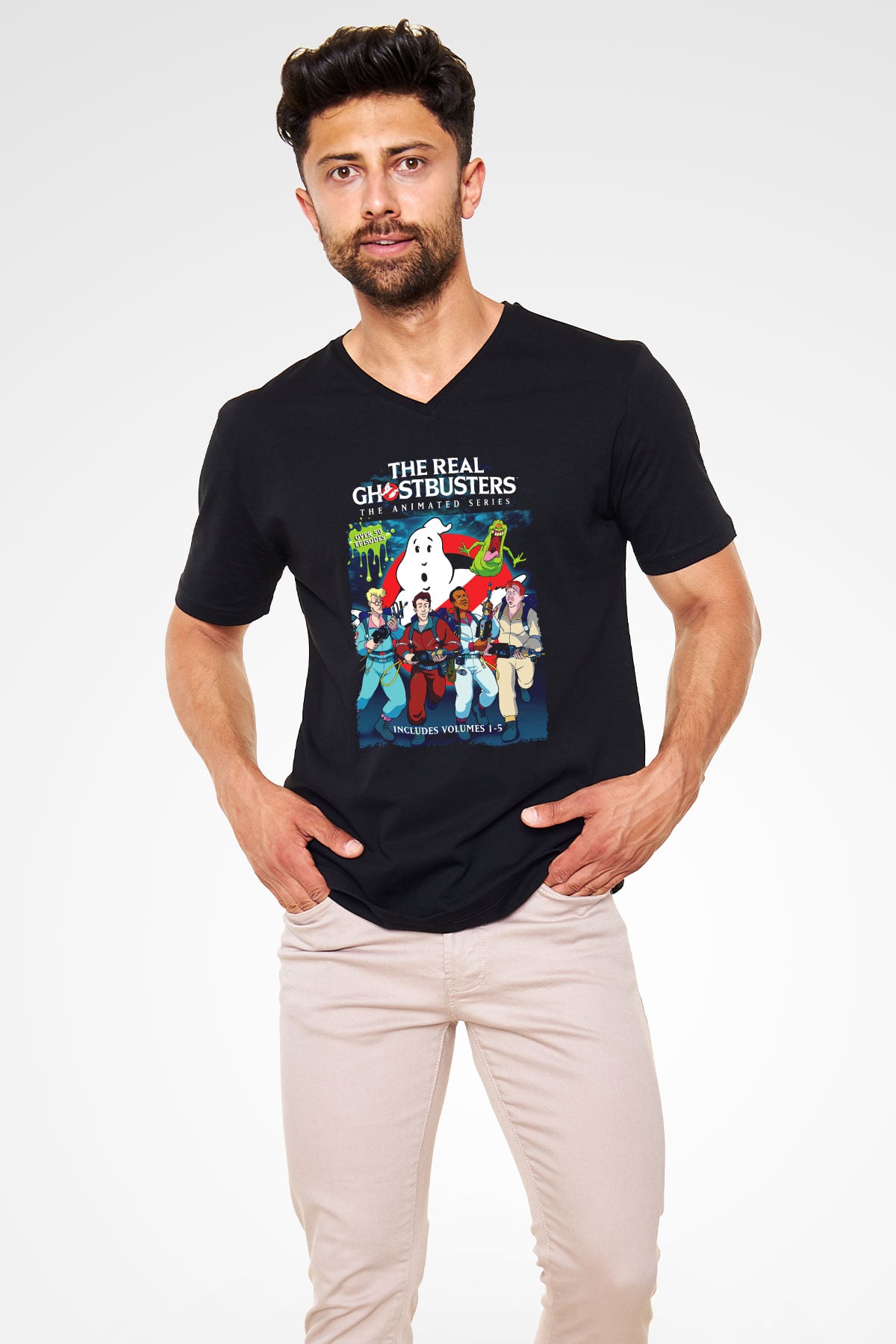 The Real Ghostbusters Hayalet Avcıları Siyah Unisex  V Yaka Tişört