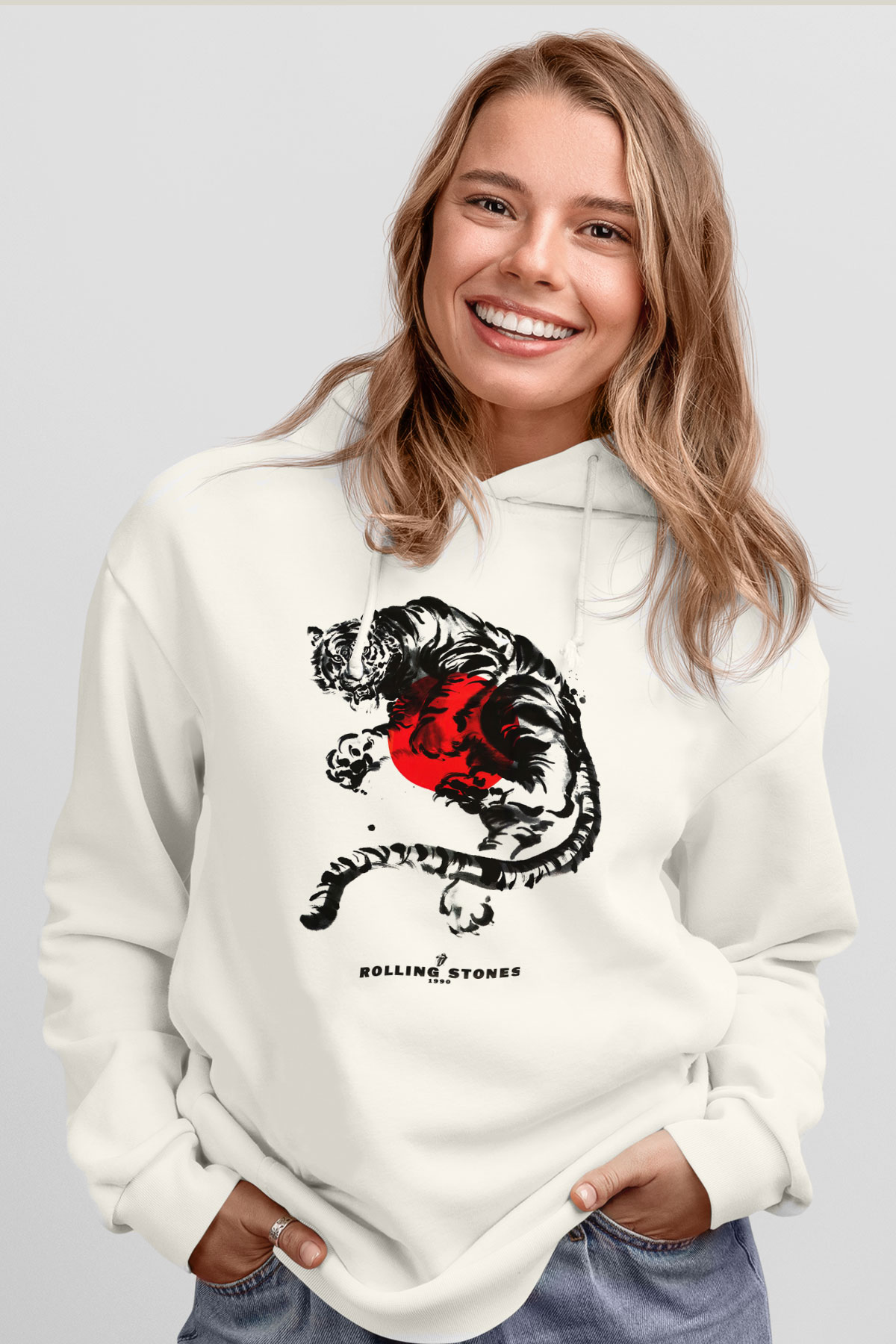 The Rolling Stones Logo Beyaz Unisex Kapşonlu Sweatshirt