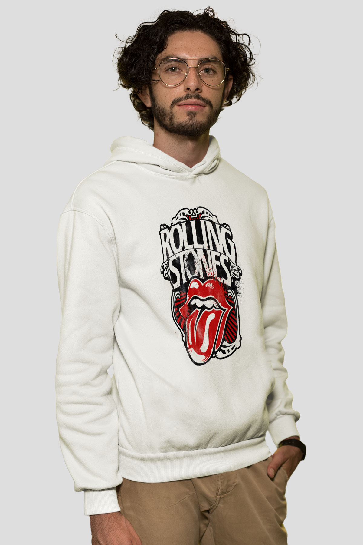 The Rolling Stones Logo Beyaz Unisex Kapşonlu Sweatshirt