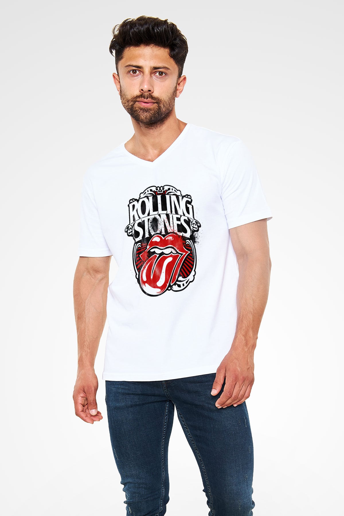 The Rolling Stones Logo Beyaz Unisex V Yaka Tişört T-Shirt