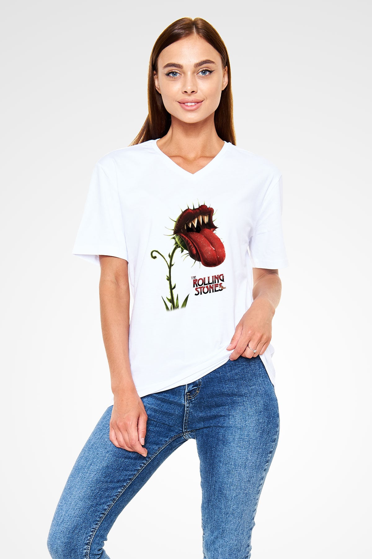 The Rolling Stones Logo Beyaz Unisex V Yaka Tişört T-Shirt